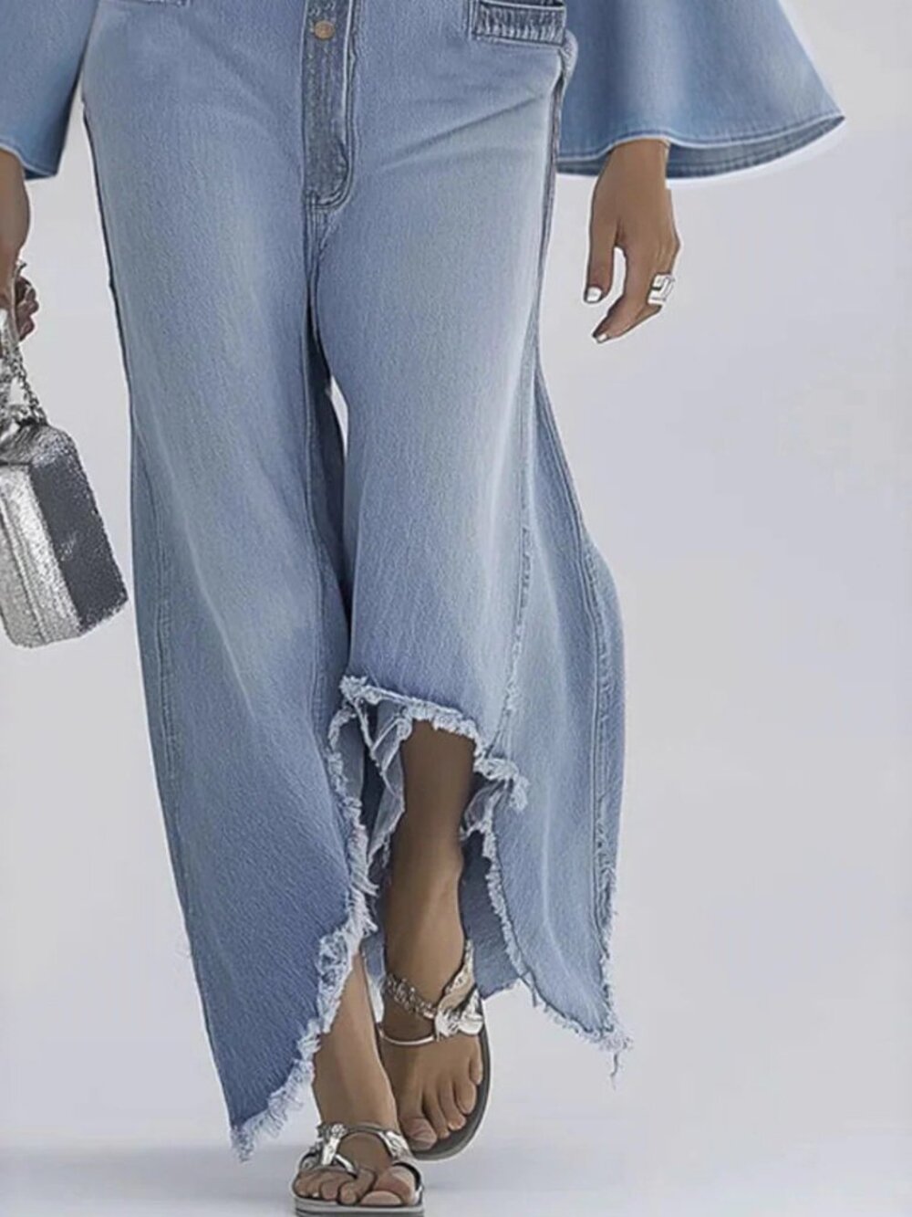 Women's Light Blue Denim-Look Jumpsuit XL – Flared Sleeve Straight Leg Romper - Picture 3 of 5